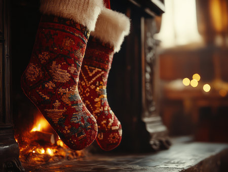 Imagine a warm Christmas night, the crackling fireplace casting a warm glow on plump stockings hung with care Cozy holiday decor fills the room, creating a festive atmosphere perfect for sharing stories and laughter with loved ones The scent of pine and cinnamon hangs in the air, whispering of joyful AI Generativeの素材