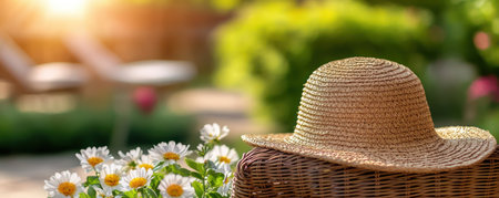 Indulge in ultimate comfort this summer with a classic deck chair and sunhat duo Perfect for relaxing in your backyard, attending garden parties, or enjoying beach days, this stylish combination lets you soak up the sunshine in style AI Generativeの素材