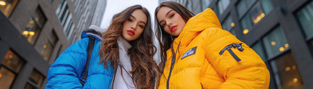 Two fashion-forward women, clad in vibrant jackets, exude confidence amidst the bustling urban backdrop Their striking poses capture the essence of street style, showcasing a blend of contemporary flair and city-inspired cool The colorful cityscape provides a dynamic canvas, amplifying the energy and vibrancy of their bold looks AI Generativeの素材