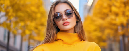 A vibrant street style photo captures the essence of urban life A stylish woman, radiating confidence in a yellow sweater and sunglasses, poses against a colorful cityscape backdrop Her bold pose and striking surroundings highlight the dynamic energy of the city, showcasing the interplay of fashion and environment AI Generativeの素材