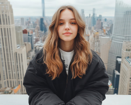 A young woman basks in the energy of the vibrant city, her youthful spirit mirrored in the sparkling cityscape The breathtaking skyline stretches before her, a testament to the dynamism and opportunity that pulses through the urban landscape From this outdoor vantage point, she embraces the lively pulse of city AI Generativeの素材