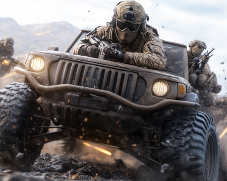 Join elite teams on a high-stakes, adrenaline-pumping mission through treacherous terrain Engage in intense tactical combat, pushing your limits as you navigate the battlefield and fight for victory Experience the thrill of the fight like never before AI Generativeの素材