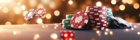 The thrill of victory is palpable in this image, where glistening casino chips and dice bask in the spotlight A symphony of luxury and excitement, the scene evokes the joyous roar of a big win, painting a vivid picture of casino success AI Generativeの素材