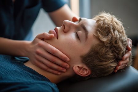Suffering from neck pain? Our skilled therapists use gentle manual therapy to relieve tension and discomfort Experience relief as their expert hands apply pressure to ease your pain Relax and receive personalized treatment designed to restore your comfort and mobility AI Generativeの素材