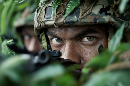 Camouflaged soldiers, indistinguishable from the dense jungle, engage in tactical training Their stealth and preparedness reflect the rigorous demands of combat training The scene underscores the importance of camouflage, discipline, and strategic planning in modern warfare AI Generativeの素材