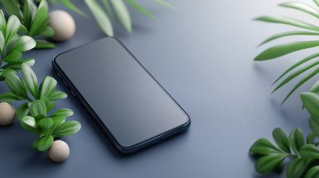 This high-resolution, customizable mockup features a blank smartphone screen against a backdrop of lush tropical plants Perfect for showcasing your app, website, or social media designs in a modern and eye-catching way Use it to create stunning visuals for your promotions and presentations AI Generativeの素材