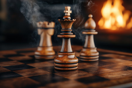 In a fiery battleground of smoke and flames, a chessboard stands resolute Wooden pieces, each a silent warrior, await their strategic deployment The game is a chess masterpiece, where every move is a calculated risk, every strategy a path to victory The tension is palpable, and the fate of the AI Generativeの素材
