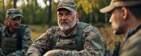 Amidst the dense woodland, soldiers huddle, their faces etched with determination The air is thick with the weight of strategic planning Every move meticulously considered, every decision aimed at securing victory The forest becomes a battleground, their focus unwavering, their resolve forged in the crucible of war AI Generativeの素材