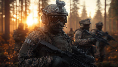Amidst the dense forest, a military team meticulously crafts a tactical strategy, driven by the unwavering pursuit of victory Teamwork and success are paramount as soldiers prepare for their mission, their minds focused on combat operations, warfare, and strategic planning Military training and tactical prowess are honed, ensuring their readiness AI Generativeの素材