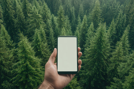 This mobile phone mockup showcases a blank screen in a serene nature setting, ideal for promoting apps, websites, or digital advertising The gesture-based design allows for realistic user interaction, bringing your designs to life This versatile mockup is perfect for showcasing your latest app or website in a natural, inviting AI Generativeの素材