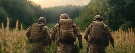 Amidst the dense forest, soldiers clad in tactical gear move with precision, their movements honed by rigorous training This simulated battle tests their combat skills, wilderness survival instincts, and ability to navigate challenging terrain The experience is a testament to the dedication and discipline of these elite warriors AI Generativeの素材