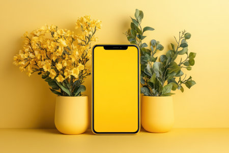 This clean and bright smartphone mockup, set against a vibrant yellow background, embodies minimalist design It's perfect for showcasing apps, UI/UX designs, and mobile websites Its sleek style makes it ideal for marketing and branding campaigns, adding a touch of modern elegance to your presentations AI Generativeの素材