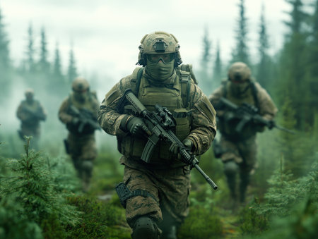 Embark on a thrilling tactical adventure through a vast forest Master realistic graphics and intense gameplay as you navigate challenging terrain and engage in combat Test your skills and strategy in this immersive experience, where every move counts AI Generativeの素材