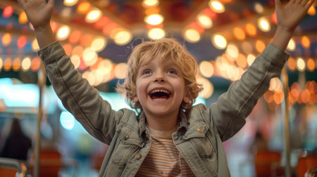 A young boy, eyes sparkling with delight, spins on a majestic carousel The vibrant colors, tinkling music, and gentle rise and fall of the horses fill him with pure joy Laughter erupts as he reaches for the brass ring, his face radiating the unadulterated happiness of a child at an AI Generativeの素材