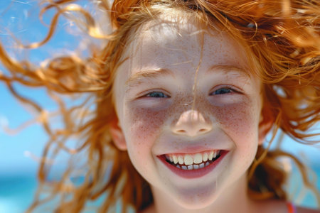 A vibrant portrait of a red-haired girl radiates pure joy Her hair dances in the wind, mirroring her infectious smile The image captures the unbridled enthusiasm of youth, celebrating the simple pleasures and the power of positive energy AI Generativeの素材