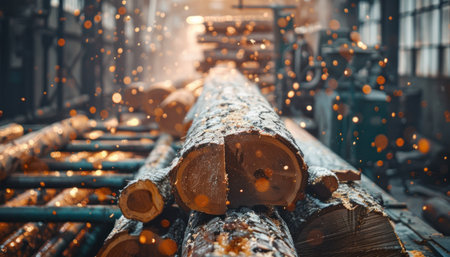 A close-up view of logs being expertly chopped at a sawmill showcases the precision and efficiency of timber processing The powerful machinery transforms raw logs into valuable lumber, capturing the dynamic energy of the sawmill in action AI Generativeの素材
