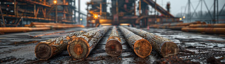 A close-up view captures the heart of the timber industry Rough-hewn logs, destined for transformation, lie stacked at a bustling sawmill This scene embodies the raw power of nature and the human ingenuity that turns wood into countless possibilities: furniture, structures, art, and more AI Generativeの素材