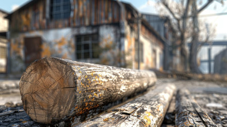 A close-up reveals the rough-hewn texture of freshly cut logs at a sawmill, a testament to the raw power of nature transformed into a usable material Sawdust swirls in the air, a byproduct of the industry that builds homes, furniture, and more This scene represents a crucial link between the AI Generativeの素材