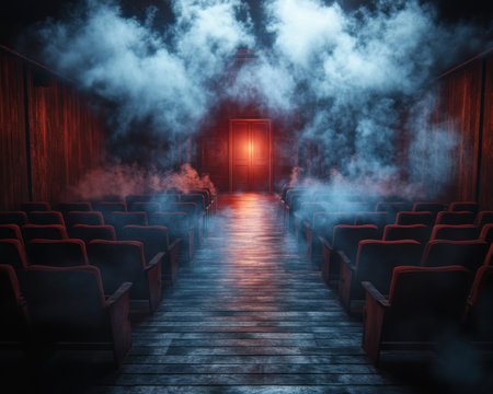 A stark, yet captivating stage awaits Dramatic lighting casts dramatic shadows through plumes of smoke, highlighting a solitary red doorway This evocative backdrop is perfect for setting the stage for powerful presentations, theatrical performances, cinematic scenes, or impactful events AI Generativeの素材