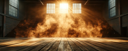 A classic auditorium bathed in ethereal light Smoke drifts gracefully, creating a mystical ambiance as sunlight streams through arched windows The stage is set for a dramatic presentation or captivating performance, promising an unforgettable experience AI Generativeの素材
