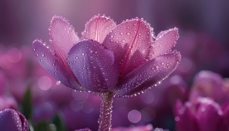 A delicate pink tulip, glistening with morning dew, bursts with joyful texture and vibrant color The soft focus and bokeh effect create a dreamy, whimsical scene, capturing the essence of nature's beauty in bloom This photograph evokes a sense of peace, hope, and new beginnings, inviting you to appreciate the AI Generativeの素材