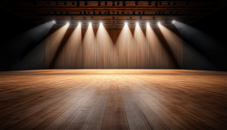 An empty stage bathed in dramatic spotlights awaits, its wood floor gleaming under the cinematic lighting The grand auditorium, a classic theater, is poised for the magic of performance This performance space, designed for live music, theater, and concert, is a testament to the power of entertainment AI Generativeの素材