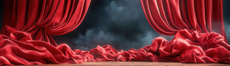 The velvet curtain, a deep crimson, slowly parts, revealing the stage bathed in anticipation The hushed whispers of the audience fade as the lights dim, signaling the imminent start of a captivating performance The stage awaits, a promise of wonder and excitement AI Generativeの素材