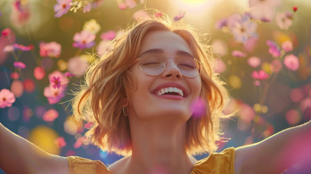A woman radiates joy as she embraces creativity, inspired by nature's beauty Flower petals, symbolizing new beginnings, dance around her, bathed in warm light Her smile, a beacon of happiness, reminds us that joy and innovation are inseparable companions AI Generativeの素材