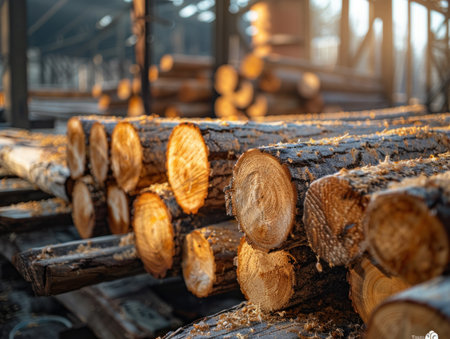 A towering stack of freshly cut logs awaits processing at a bustling sawmill The lumber industry thrives here, with skilled workers using heavy machinery to transform raw timber into valuable wood products From hardwood to softwood, this timber yard supplies the materials needed for woodworking projects of all sizes, from AI Generativeの素材