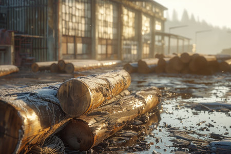 Towering stacks of raw logs at a sawmill embody the raw materials of the lumber industry These timber giants, harvested from forests, await transformation into valuable wood products This scene reflects the cycle of forestry, sustainability, and the vital role of wood in construction and manufacturing AI Generativeの素材