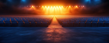 The stage is bathed in a spotlight, its empty expanse facing rows of expectant seats Backstage, the energy crackles with pre-show preparation The hushed anticipation in the auditorium is palpable, the air charged with the promise of entertainment This is the heart of an event space, a crucible where dreams AI Generativeの素材