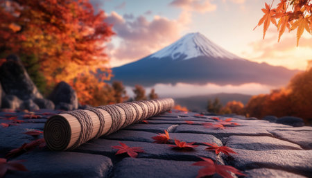 A serene autumn scene unfolds in Japan Vibrant red leaves drift down a quiet path, their colors mirroring the fiery hues of Mount Fuji in the distance The air is still, the atmosphere tranquil This captivating photograph captures the beauty of a Japanese autumn, inviting viewers to experience the peace AI Generativeの素材