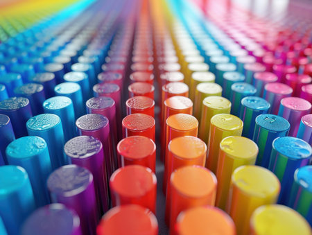 This vibrant abstract background bursts with color, featuring rainbow-hued cylinders arranged in a modern geometric pattern The cheerful, 3D design creates a playful and dynamic aesthetic, perfect for adding a splash of vivid decor to any space Its bold textures and bright hues promise a lively and uplifting atmosphere AI Generativeの素材
