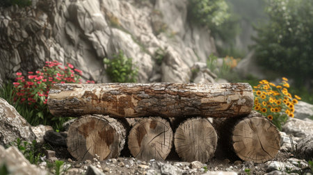 A towering stack of logs stands in a serene forest, showcasing the raw beauty of nature's bounty From rustic furniture to sustainable building materials, these natural wood products embody the harmony between forest and human use The logs, a renewable resource, offer warmth, strength, and timeless rustic charm AI Generativeの素材