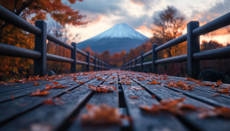 A serene autumn path winds through a tranquil landscape, leading towards the majestic Mount Fuji Vibrant red leaves drift gently in the crisp air, painting the scene with vibrant hues The stillness of the air and the majestic backdrop create a sense of peace and tranquility AI Generativeの素材