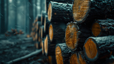 A close-up reveals a meticulously stacked pile of firewood logs, their cross-sections showcasing intricate rings The rustic texture and rich wood grain pattern evoke the beauty and strength of nature This image captures the essence of forestry, highlighting the vital role of wood as a natural resource AI Generativeの素材