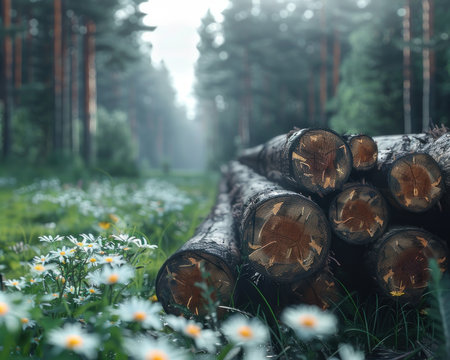 A towering stack of logs, nestled amidst a vibrant forest, embodies the essence of responsible forestry These natural resources represent a sustainable source for wood products, emphasizing the importance of balancing timber production with environmental conservation The lush surroundings highlight the vital role of forests in preserving our planet's health AI Generativeの素材