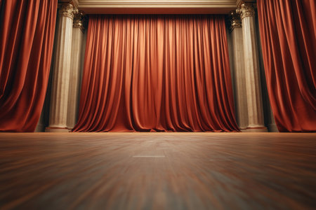 Step into a grand theater, where velvet curtains, drawn back to reveal a dramatic stage set, await the performance The lighting illuminates the interior, showcasing architectural details and intricate stage design This vintage show auditorium evokes the magic of live theater, with every element meticulously crafted for a captivating experience AI Generativeの素材