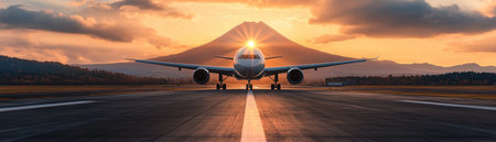 A breathtaking sunset paints Mount Fuji in golden hues as a commercial jet takes off from a nearby runway The serene landscape, capturing the iconic mountain against a vibrant sky, creates a captivating scene for travel enthusiasts and aviation lovers alike This stunning photograph embodies the beauty and dynamism of AI Generativeの素材