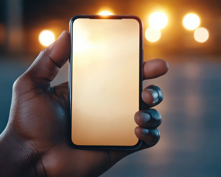 This high-quality, photorealistic mockup showcases a hand holding a smartphone with a blank screen Ideal for app presentations, website design, UI/UX, and digital marketing, this versatile mockup is available for free and premium use Download it now to elevate your design projects AI Generativeの素材