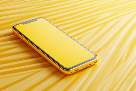 This high-quality smartphone mockup, set against a vibrant yellow background, showcases a clean and modern interface design Ideal for promoting apps and websites, it's perfect for marketing campaigns, presentations, and showcasing your digital products The minimalist aesthetic and bright color create a visually appealing and professional look AI Generativeの素材
