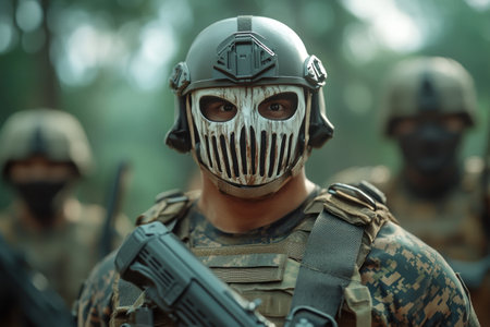 Clad in camouflage and tactical masks, soldiers blend seamlessly into the dense forest Their weapons at the ready, they prepare for the unknown, their faces hidden behind a veil of secrecy and determination Every muscle tense, they wait for the signal, ready to strike with precision and force AI Generativeの素材