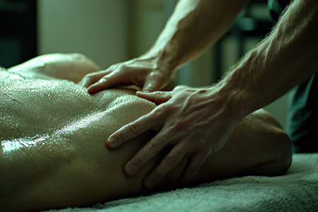 Experience the healing touch of manual therapy Skilled physical therapists use gentle, precise hand movements to address back pain, improve mobility, and accelerate recovery Through targeted massage techniques, they guide your body back to optimal function, easing discomfort and restoring movement AI Generativeの素材