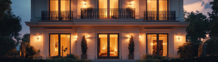 A luxurious home, bathed in the golden glow of a stunning sunset, exudes elegance and modern design Its facade, illuminated by the celestial spectacle, is a testament to architectural brilliance Offering breathtaking views and a tranquil escape, this dream residence invites you to unwind and embrace the beauty of the AI Generativeの素材