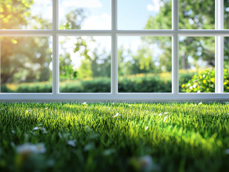 Step into a sun-drenched home, where expansive windows frame a breathtaking view A verdant lawn stretches before you, bordered by a winding driveway Natural light floods the interior, creating a peaceful ambiance This serene setting invites relaxation and outdoor enjoyment AI Generativeの素材