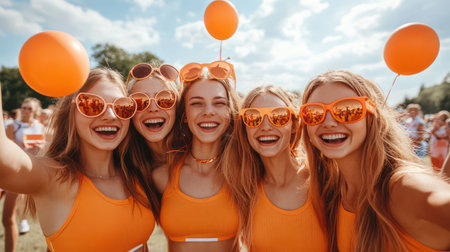A vibrant celebration of friendship! Friends in matching orange tracksuits, sunglasses, and balloons, exude energy and joy Capture the spirit of teamwork and sporty style, perfect for team building, sports events, or any fun-filled day out AI Generativeの素材