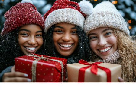 A heartwarming scene unfolds as a group of diverse friends, adorned in unique accessories, exchange gifts amidst festive holiday cheer Laughter fills the air as they celebrate Christmas, their joy palpable in every shared smile and gesture The spirit of the season shines brightly, uniting them in camaraderie and warmth AI Generativeの素材