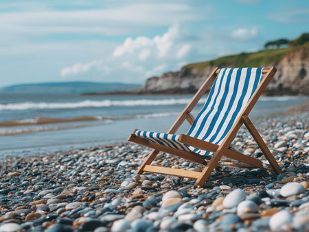 The gentle sea breeze caresses my face as I recline in a comfortable deck chair, the soft sand beneath my feet The vast expanse of the ocean stretches before me, its waves crashing rhythmically against the shore I take in the breathtaking coastal scenery, feeling a sense of tranquility wash AI Generativeの素材