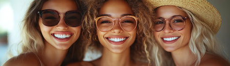 Three friends, united in style with matching shades and specs, share a casual get-together brimming with lighthearted laughter Their shared eyewear is a playful reminder of their close-knit bond, reflecting the easy camaraderie and joy they find in each other's company AI Generativeの素材