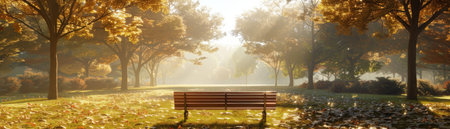 Imagine a serene bench nestled amidst a tapestry of golden autumn leaves Bathed in warm sunlight, it invites you to relax and soak in the tranquility Cozy up in your favorite fall attire and let the beauty of nature envelop you This picturesque scene is the perfect escape for any AI Generativeの素材